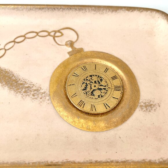 Vintage Decorative Tray with Pocket Watch Design | 8" x 4.75" | Gold Accents | R - Picture 3 of 4